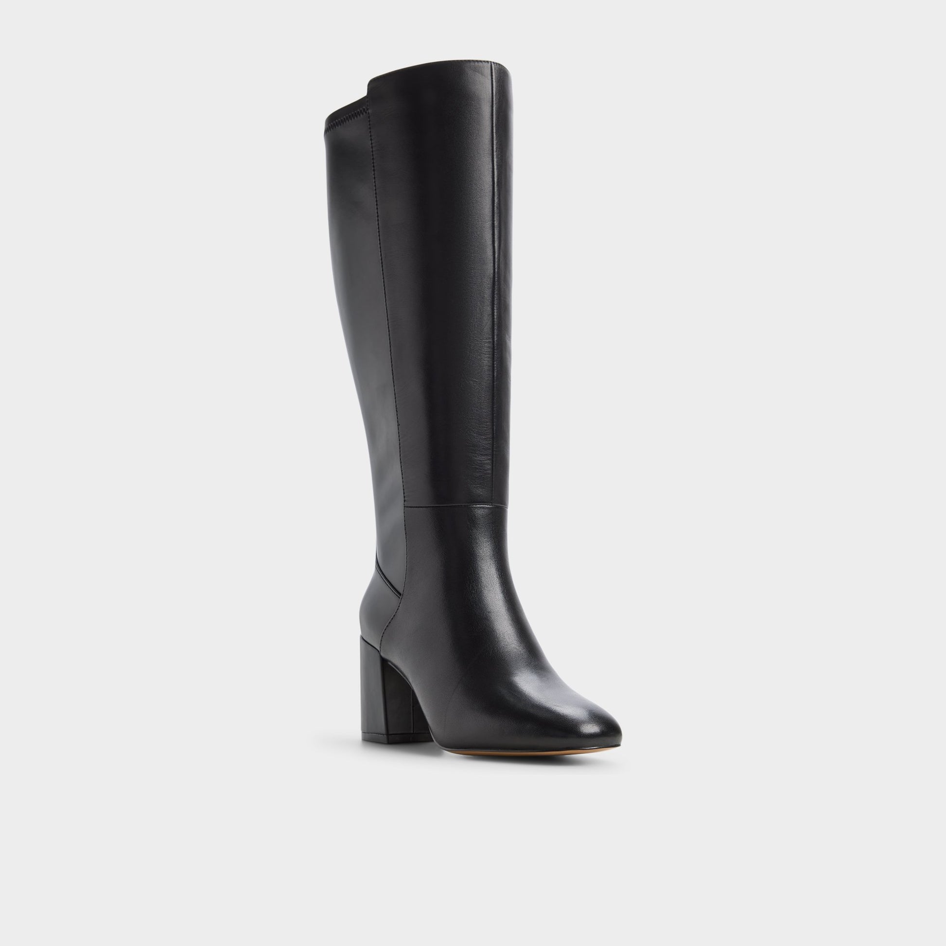 Three-quarter angle of Black/black Satori-xwc Block heel knee-high boot's back side