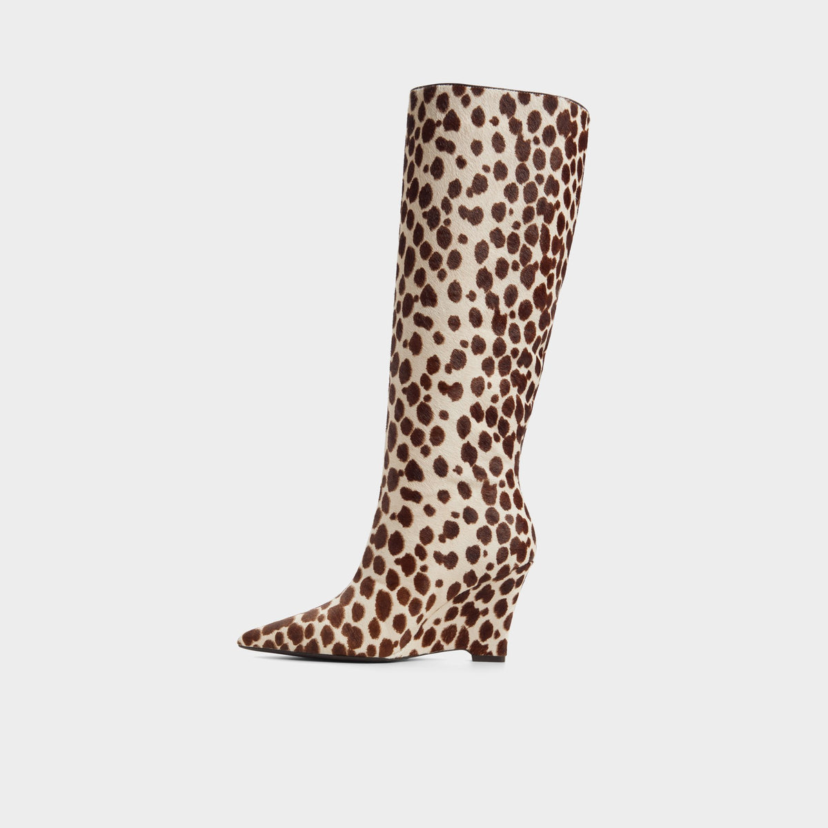 Side view of Cream multi Zalya Wedge heel knee-high boot
