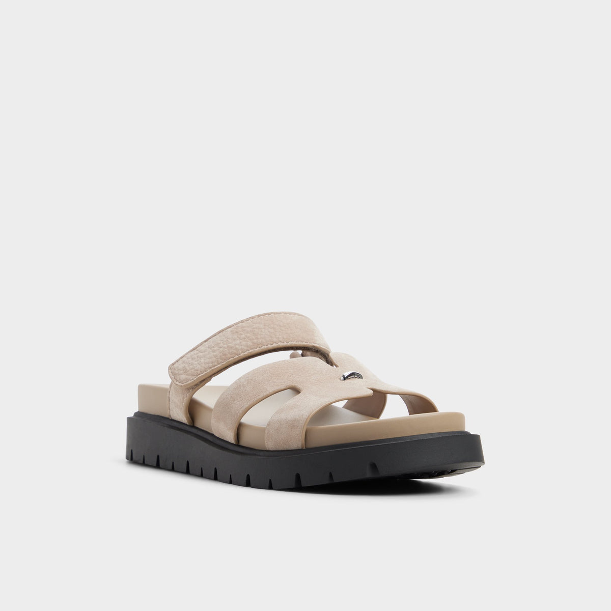 Three-quarter angle of Taupe Marys Footbed sandal's front side