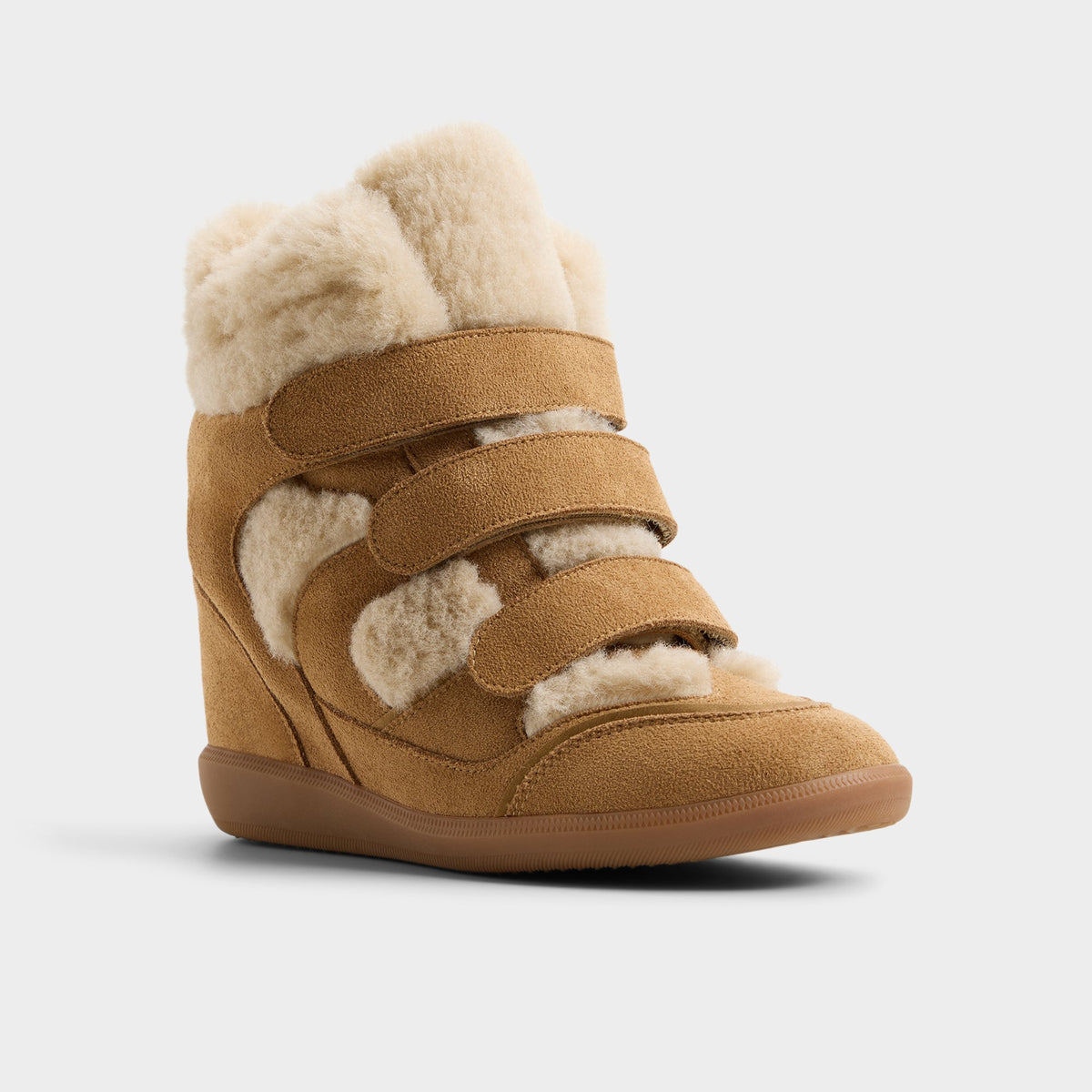Three-quarter angle of Sand Belissa Wedge sneaker's front side