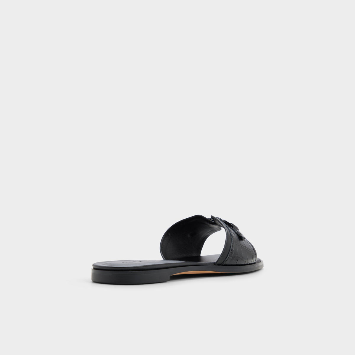 Three-quarter angle of Black Alo Slide sandal's back side