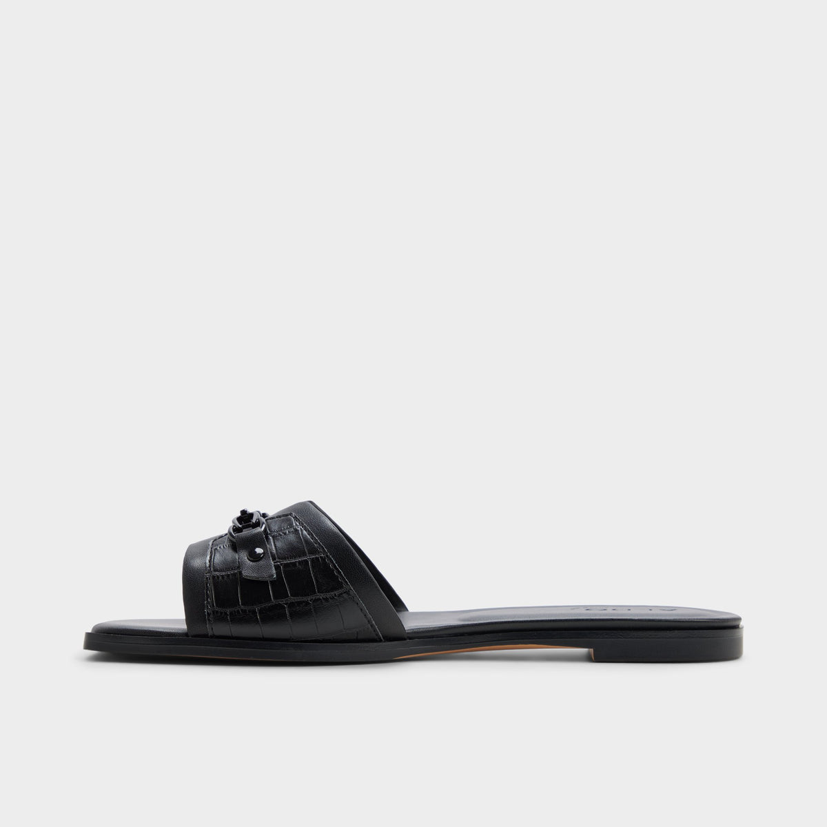 Side view of Black Alo Slide sandal