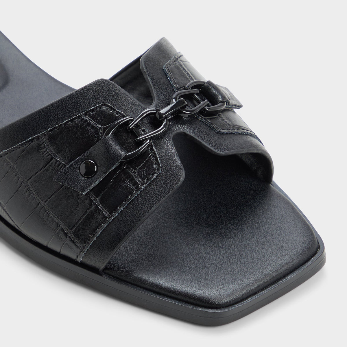 Close-up of the Black Alo Slide sandal