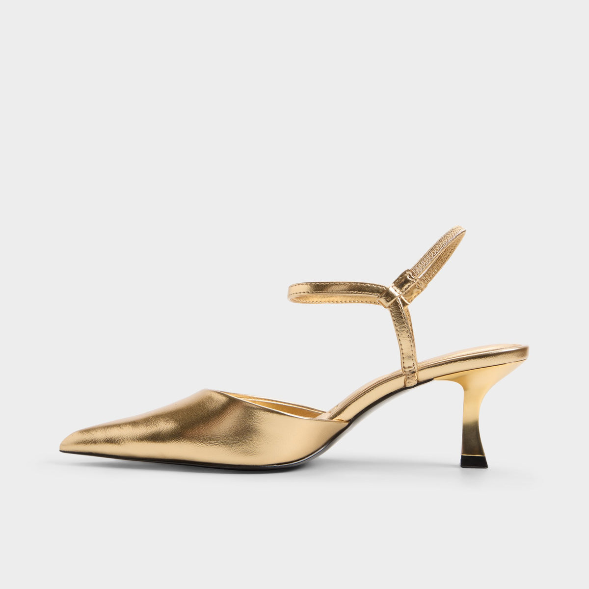 Side view of Gold Jasmynee Strappy heeled shoe