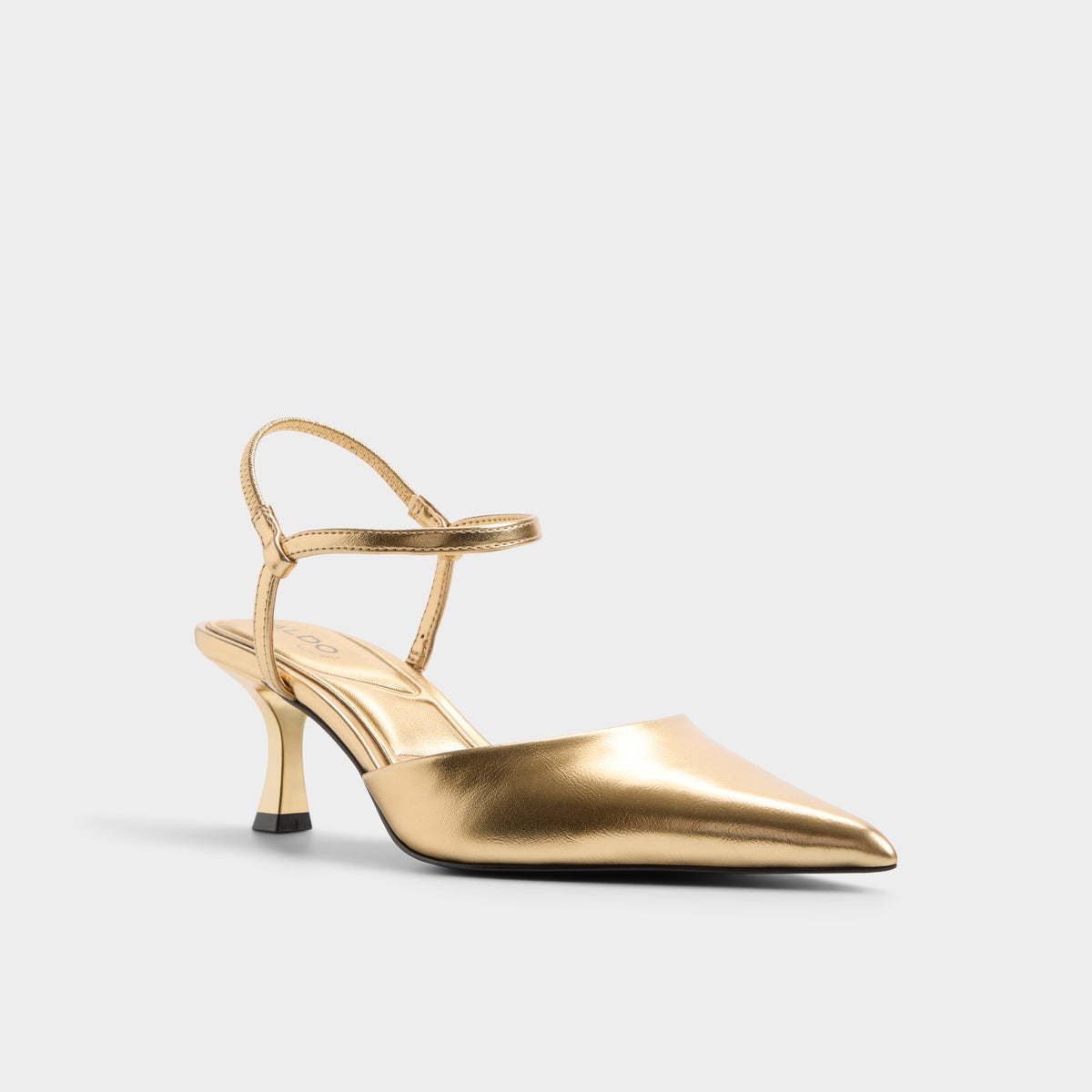 Three-quarter angle of Gold Jasmynee Strappy heeled shoe's front side