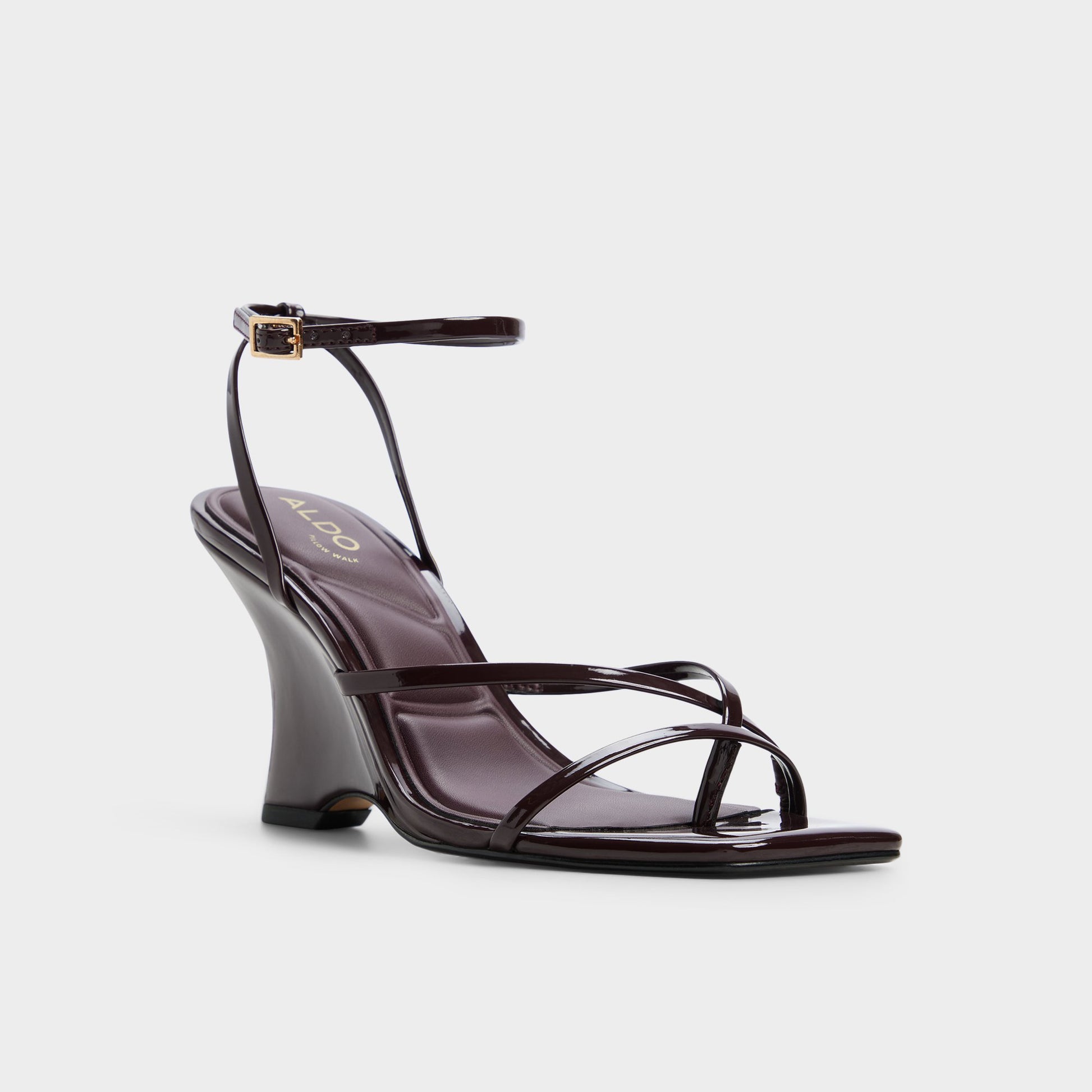 Three-quarter angle of Burgundy Lexina Strappy heeled sandal's front side