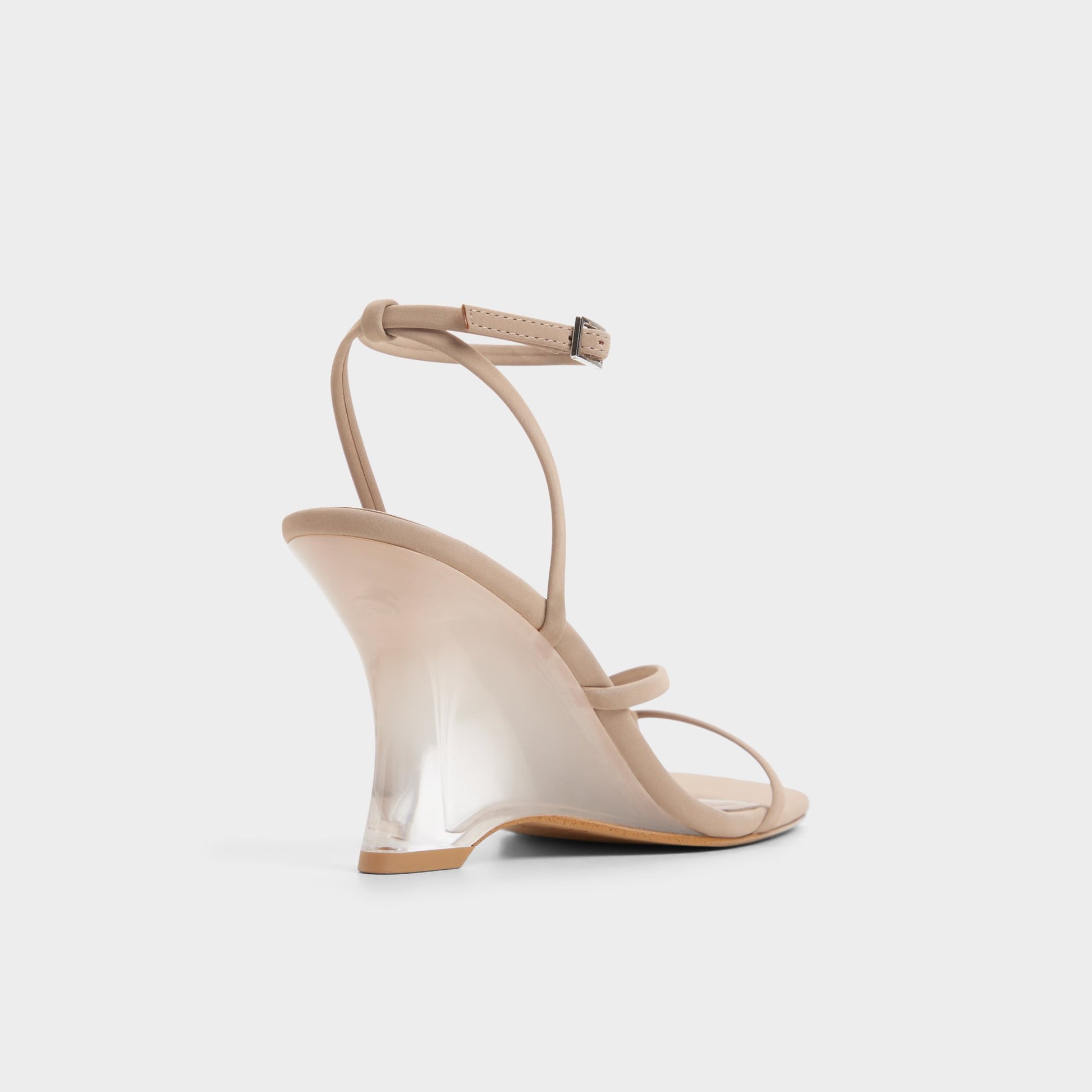 Three-quarter angle of Taupe Lexina Strappy heeled sandal's back side