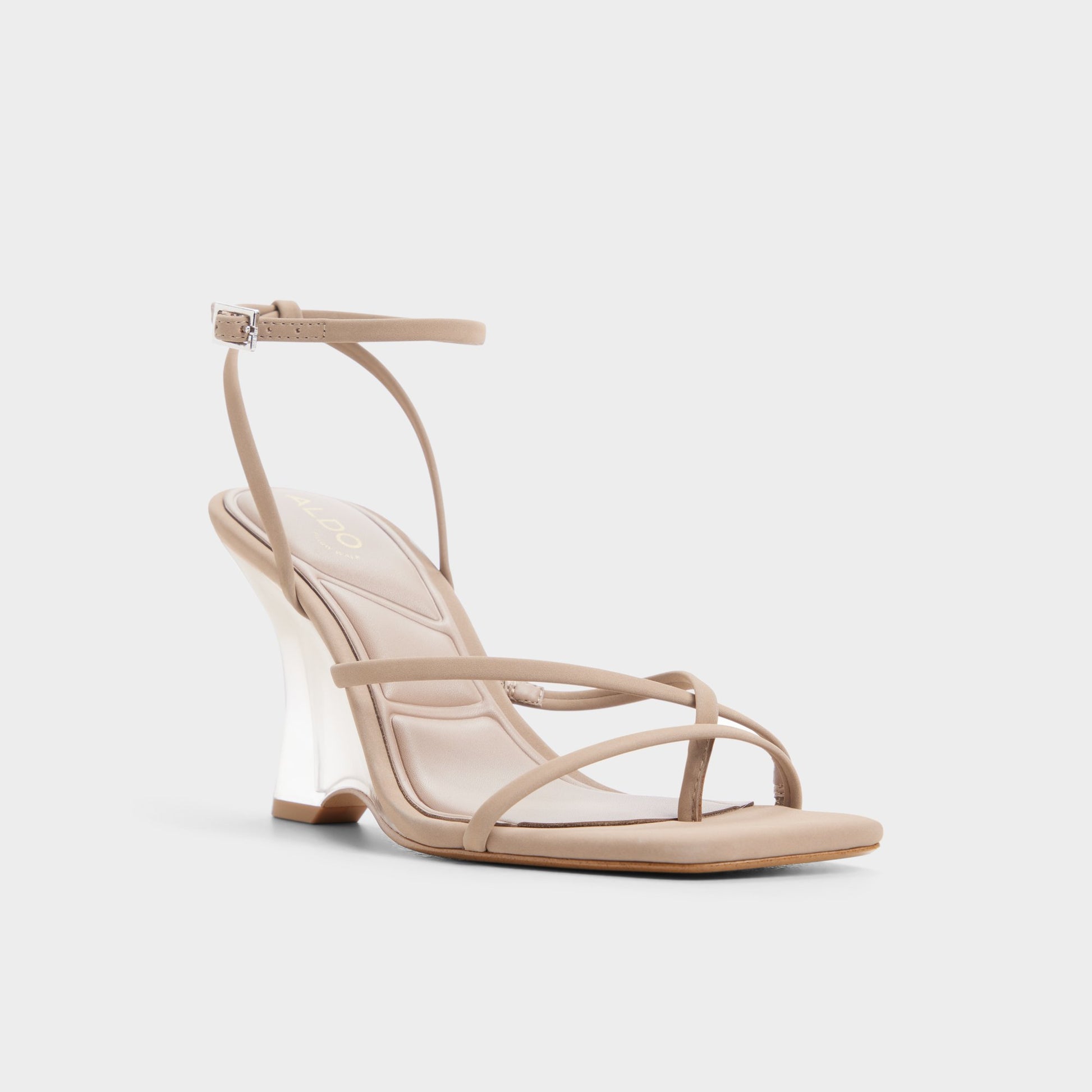 Three-quarter angle of Taupe Lexina Strappy heeled sandal's front side
