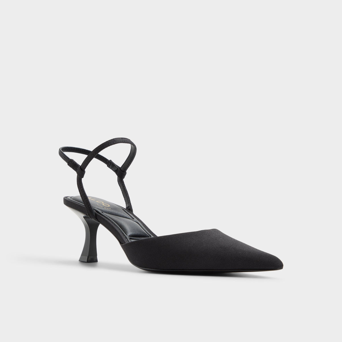 Three-quarter angle of Black Jasmynee Strappy heeled shoe's front side
