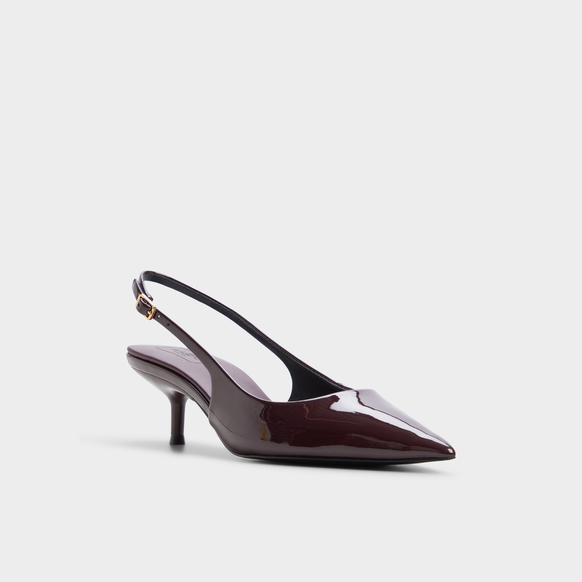 Three-quarter angle of Burgundy Sabbie Slingback kitten heel's front side