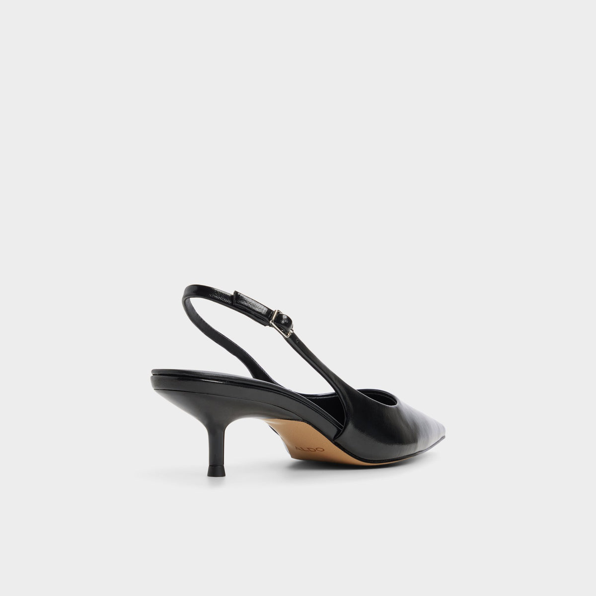 Three-quarter angle of Black Sabbie Slingback kitten heel's back side