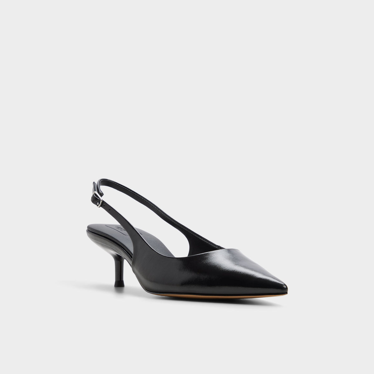 Three-quarter angle of Black Sabbie Slingback kitten heel's front side