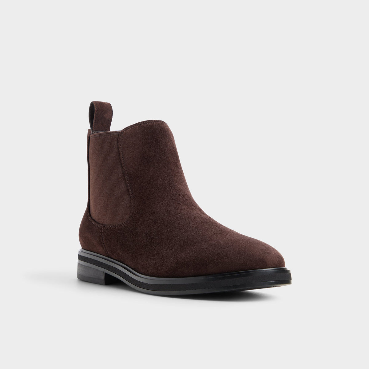 Three-quarter angle of Dark brown Librah Block heel Chelsea boot's front side