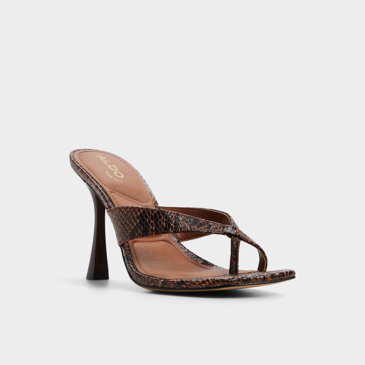 Three-quarter angle of Open brown Haayssie Heeled flip flop's front side