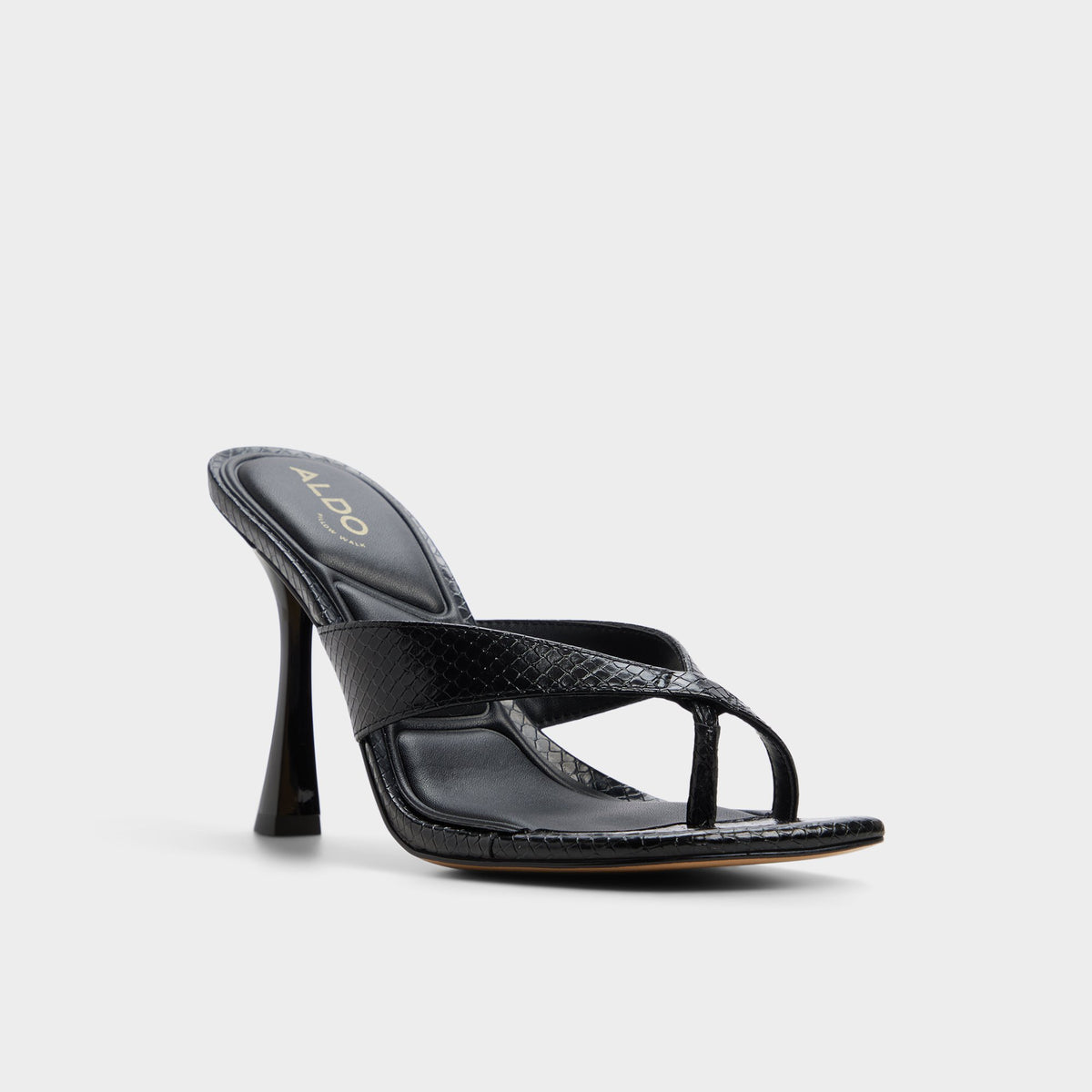 Three-quarter angle of Black Haayssie Heeled flip flop's front side