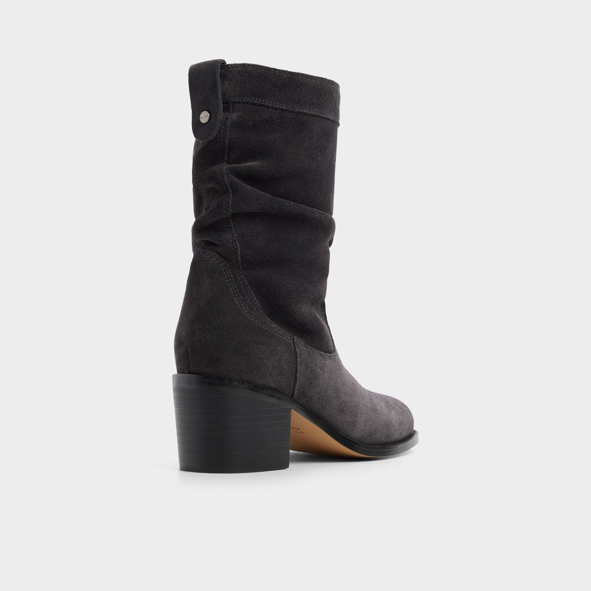 Three-quarter angle of Dark grey Haverly Block heel ankle boot's back side