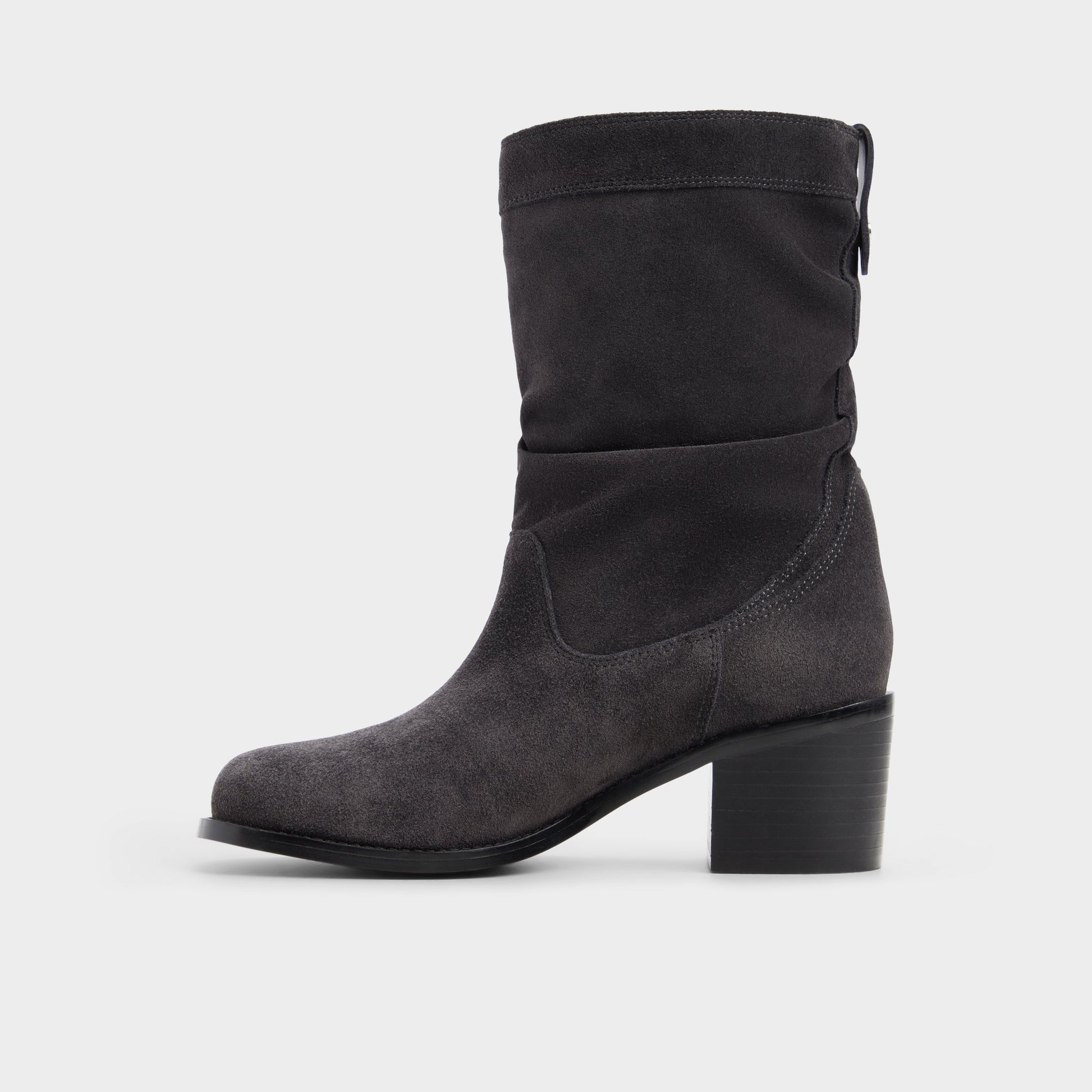 Side view of Dark grey Haverly Block heel ankle boot