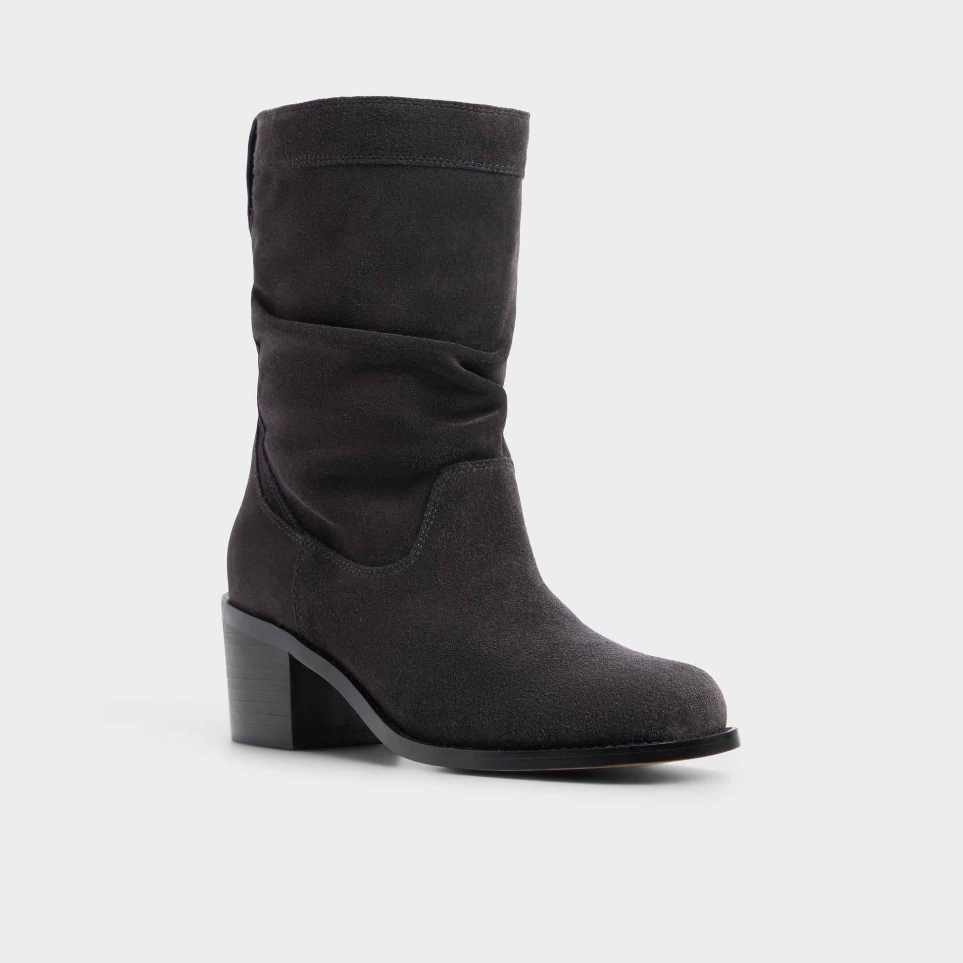 Three-quarter angle of Dark grey Haverly Block heel ankle boot's front side