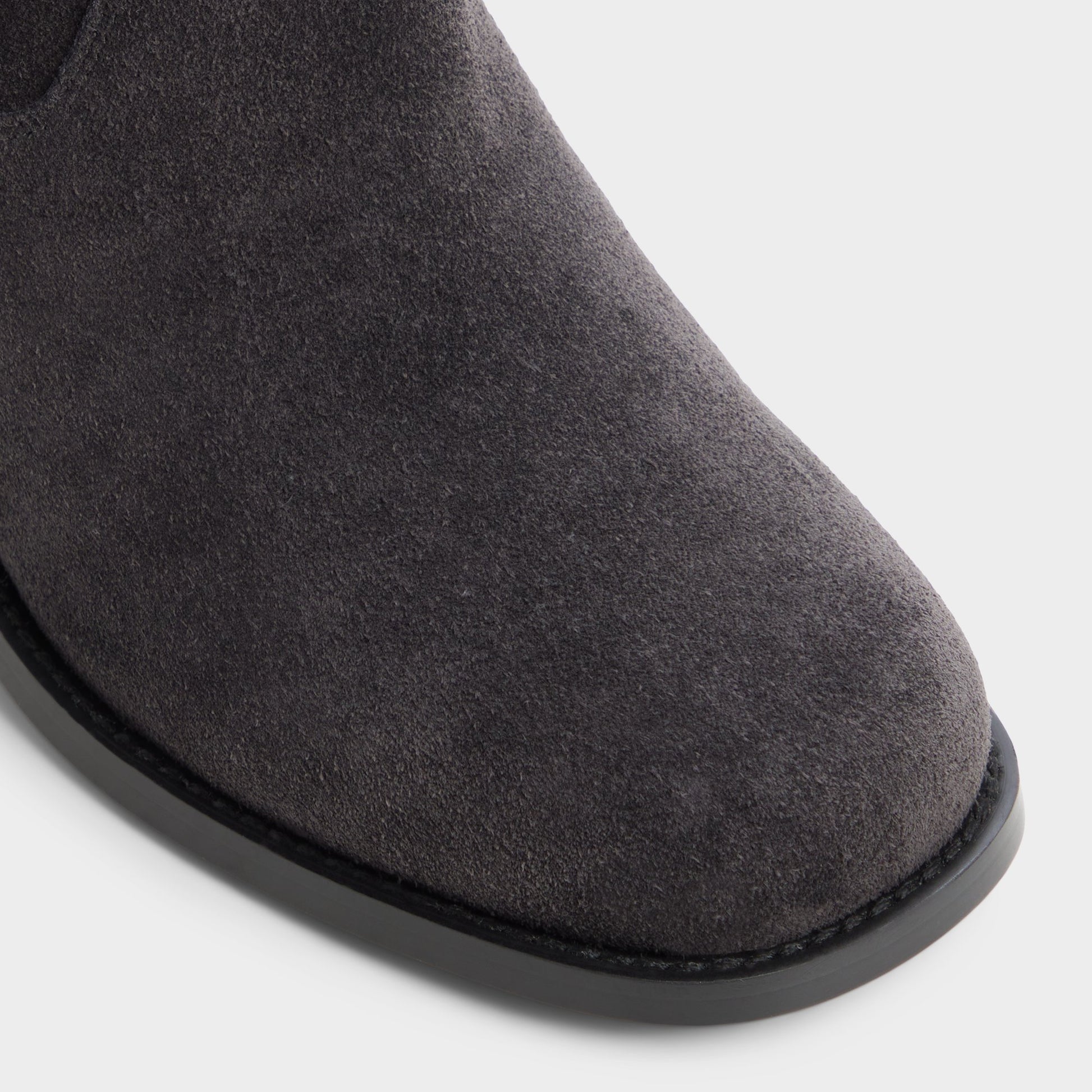 Close-up of the Dark grey Haverly Block heel ankle boot