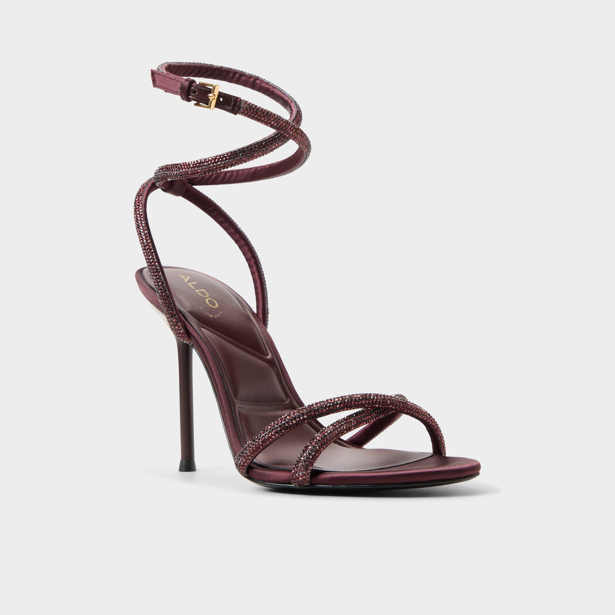 Three-quarter angle of Burgundy Manaelden Strappy heeled sandal's front side