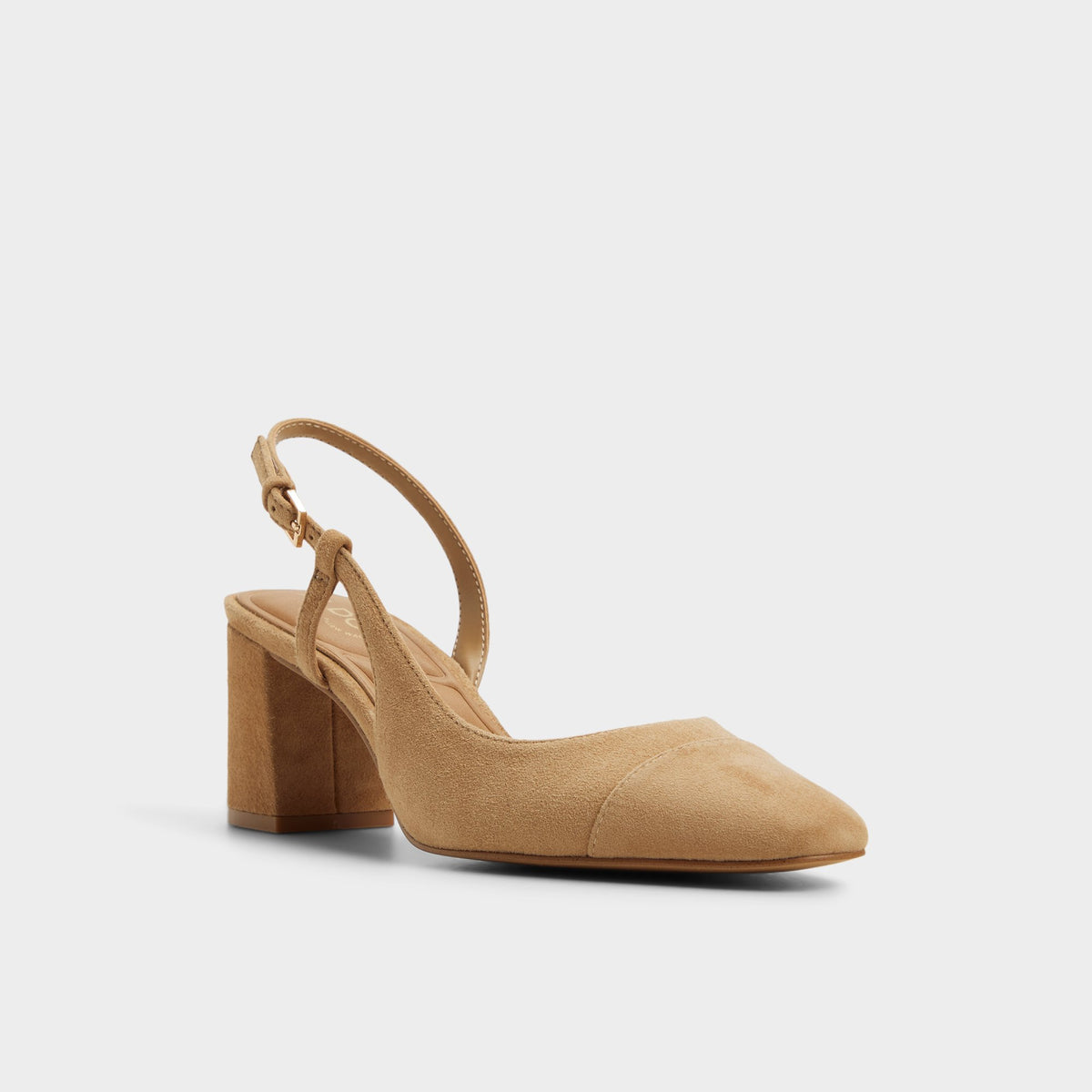 Three-quarter angle of Sand Emanuelle Slingback heel's front side