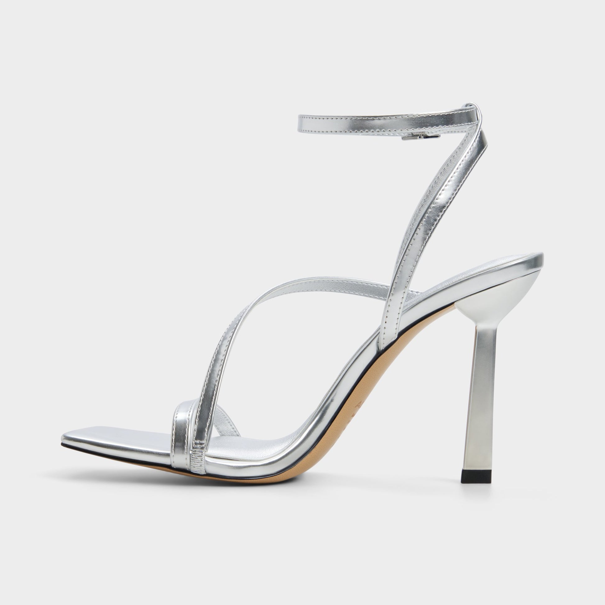 Side view of Silver Scintilla Strappy heeled sandal