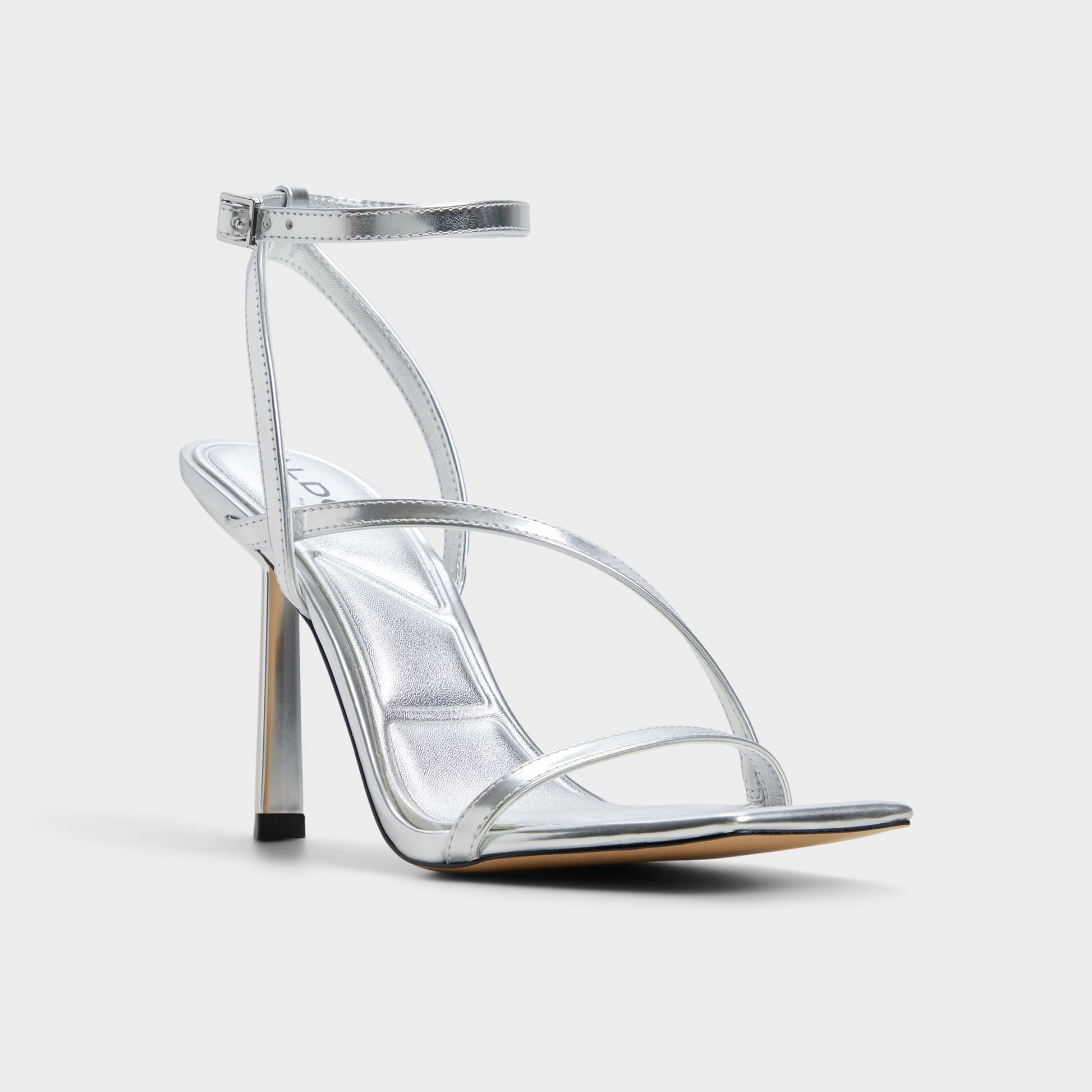 Three-quarter angle of Silver Scintilla Strappy heeled sandal's front side