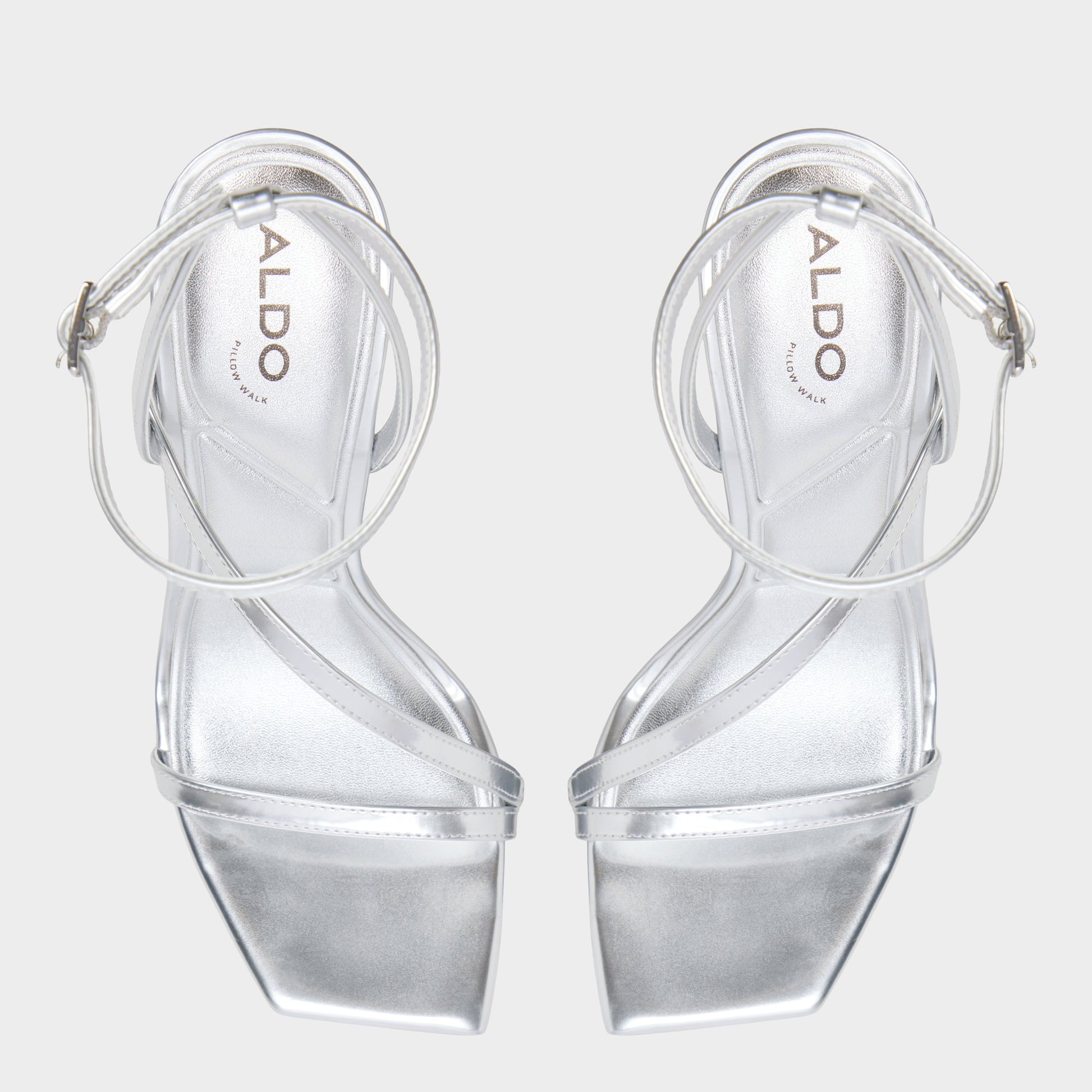 Top-down view of the Silver Scintilla Strappy heeled sandal