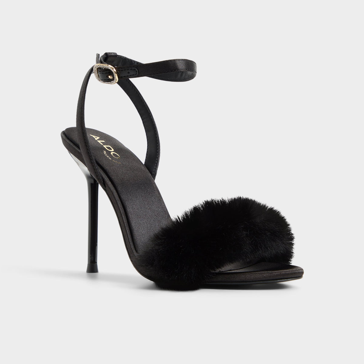 Three-quarter angle of Black Marilou Strappy heeled sandal's front side