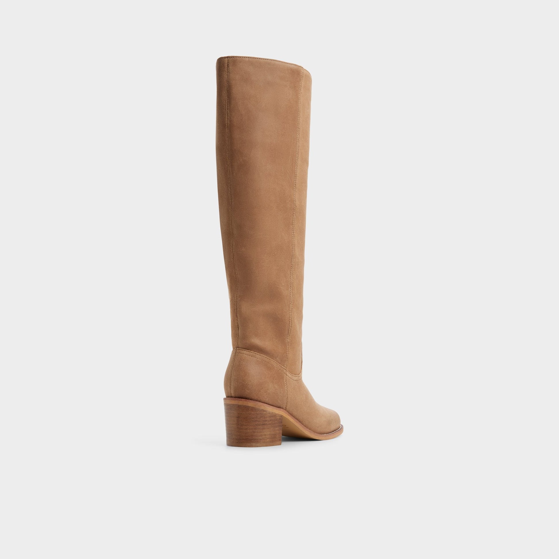 Three-quarter angle of Dark brown Haverton Block heel knee-high boot's back side