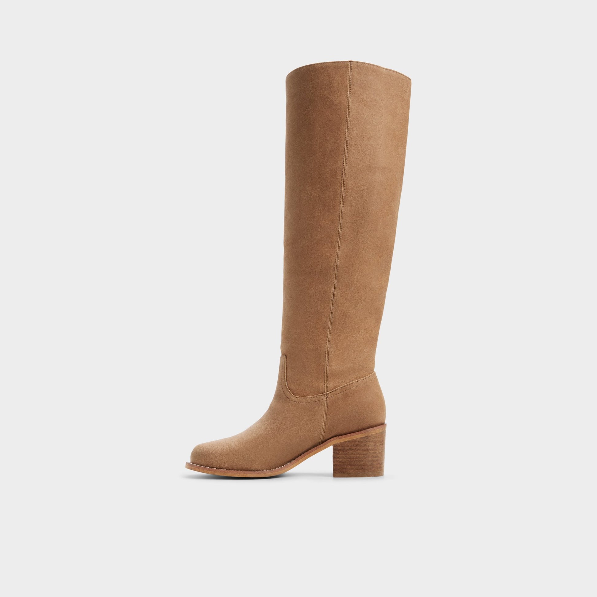 Side view of Dark brown Haverton Block heel knee-high boot
