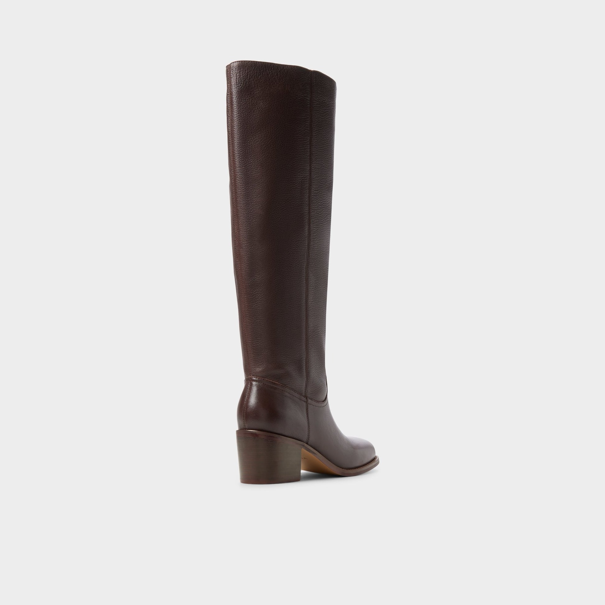 Three-quarter angle of Dark brown Haverton Block heel knee-high boot's back side