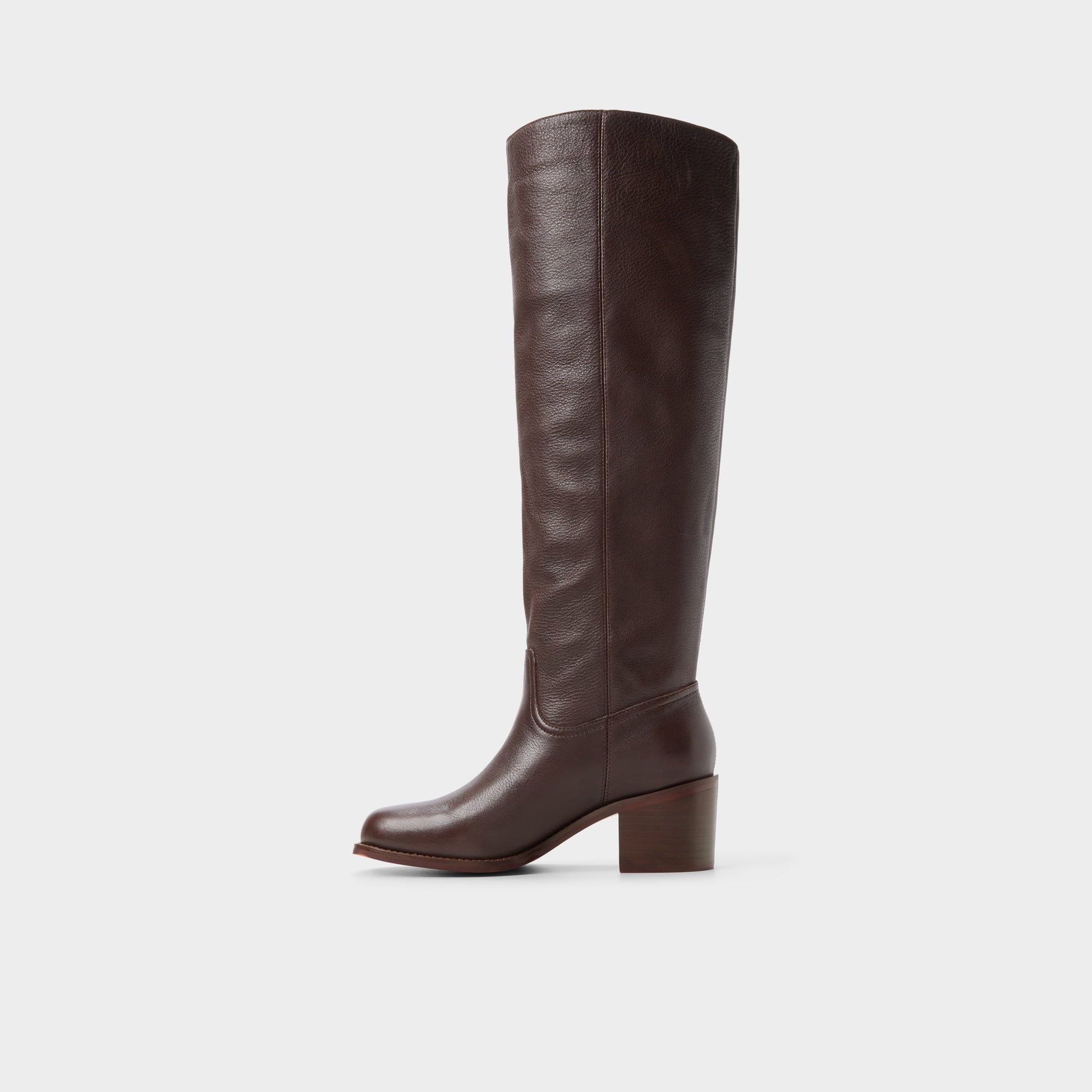 Side view of Dark brown Haverton Block heel knee-high boot