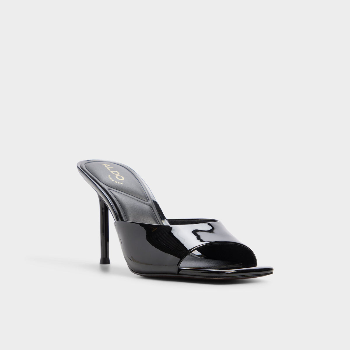 Three-quarter angle of Black Eleonie Heeled mule's front side