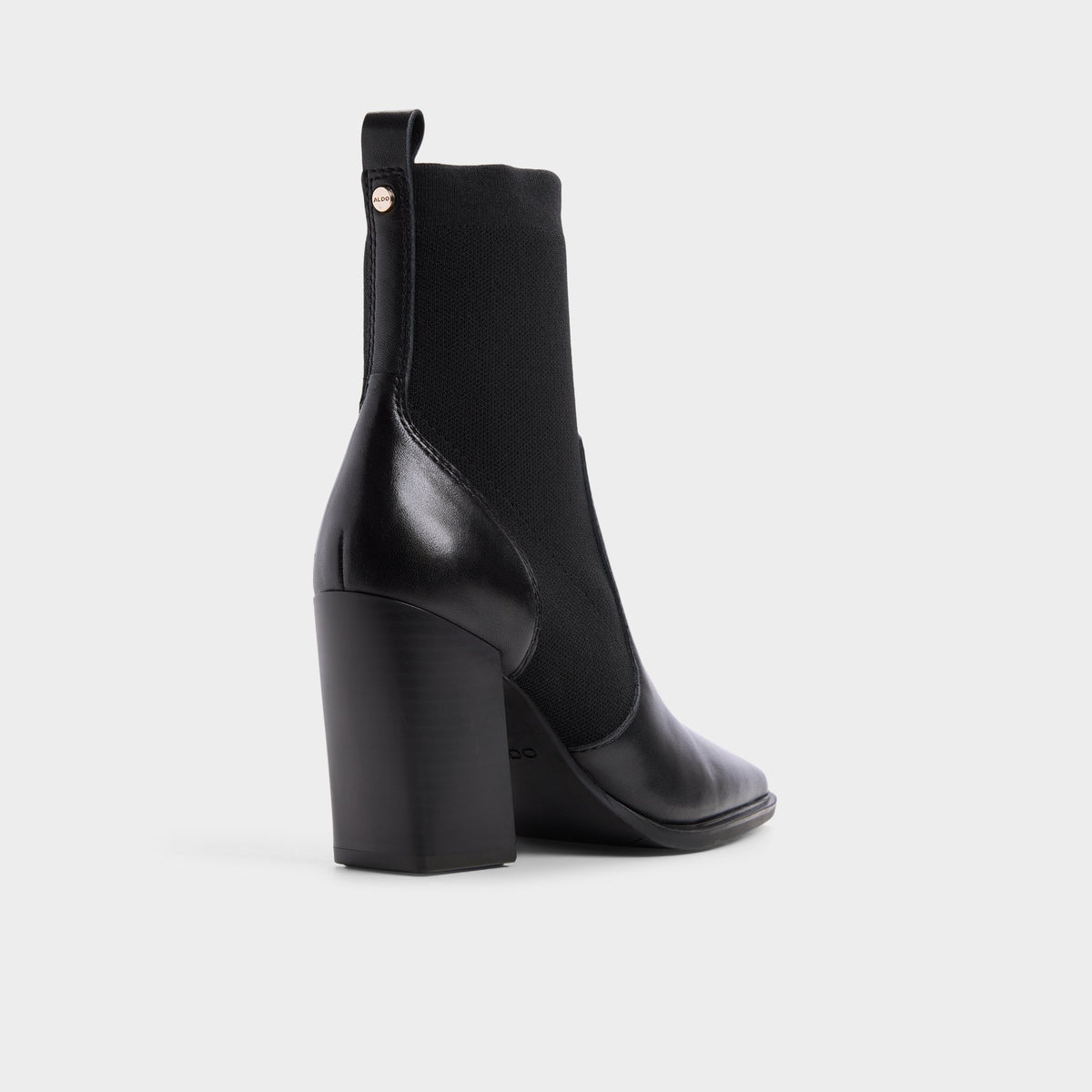 Three-quarter angle of Black Ganinia Block heel ankle boot's back side