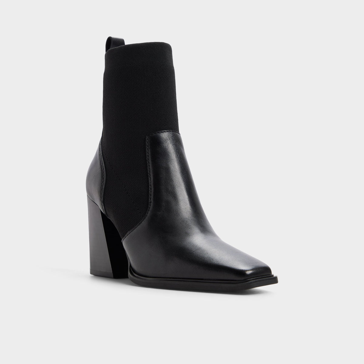 Three-quarter angle of Black Ganinia Block heel ankle boot's front side