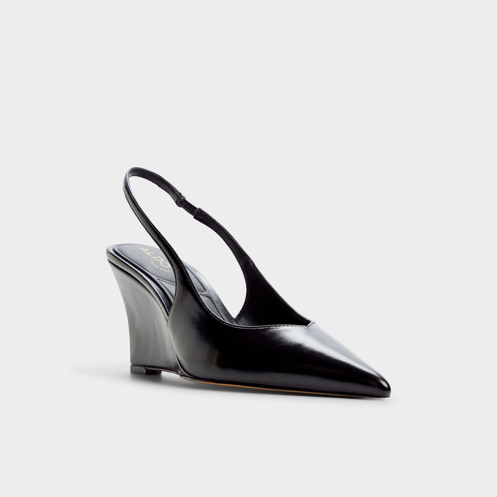 Three-quarter angle of Black Jenadine Slingback wedge's front side