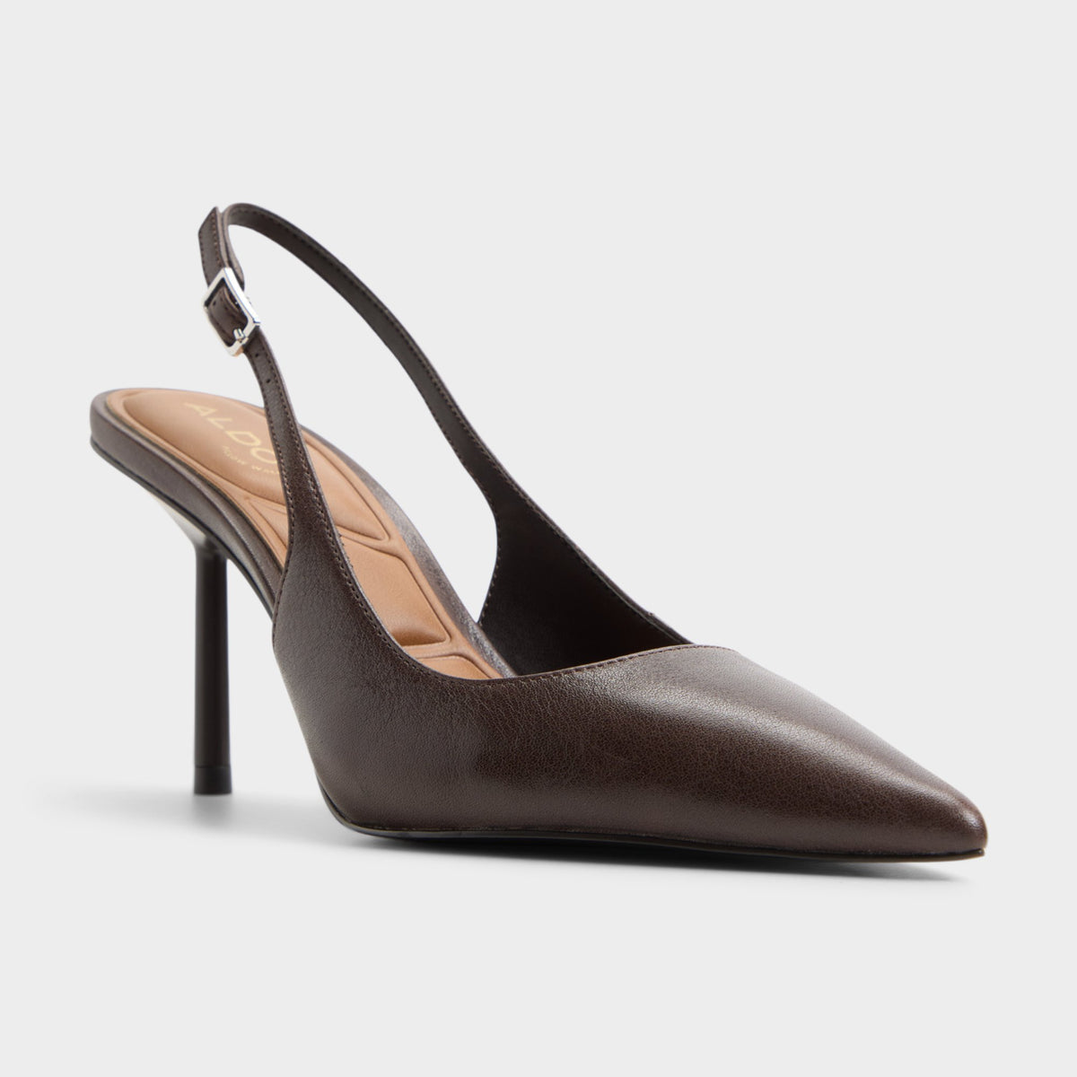 Three-quarter angle of Dark brown Seralina Slingback high heel's back side
