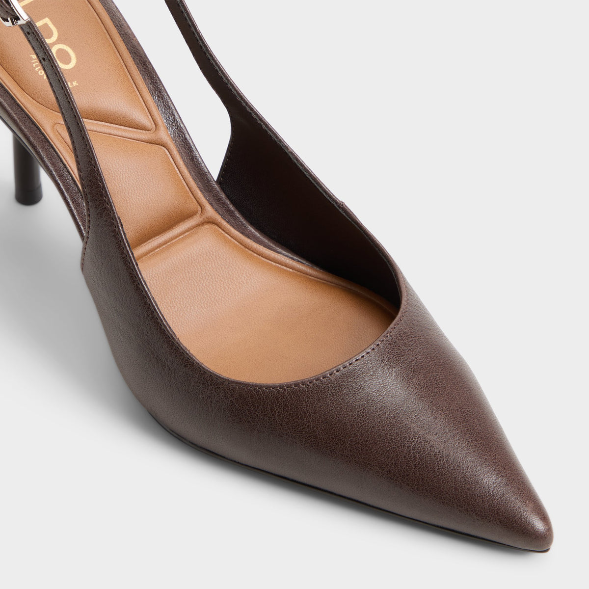 Three-quarter angle of Dark brown Seralina Slingback high heel's front side
