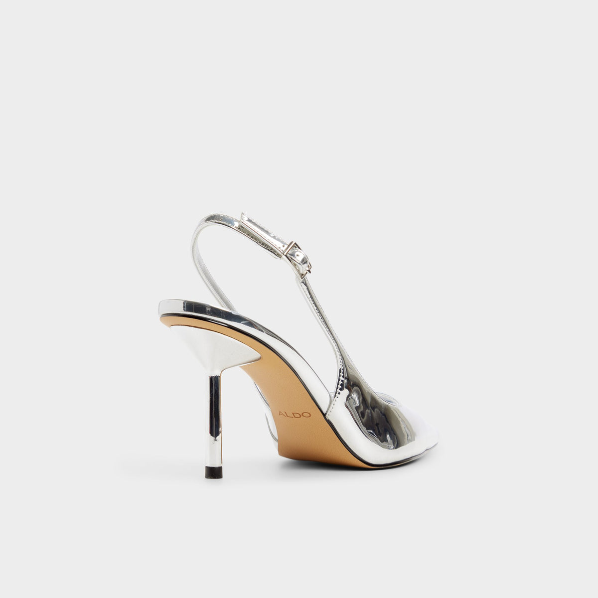 Three-quarter angle of Silver Seralina Slingback high heel's back side