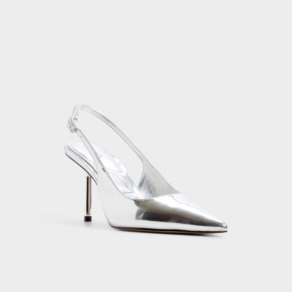 Three-quarter angle of Silver Seralina Slingback high heel's front side