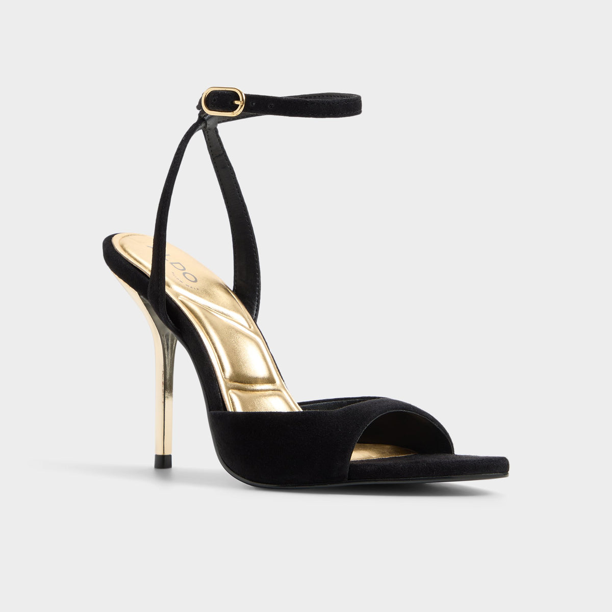Three-quarter angle of Other black Forevermore Strappy heeled sandal's front side