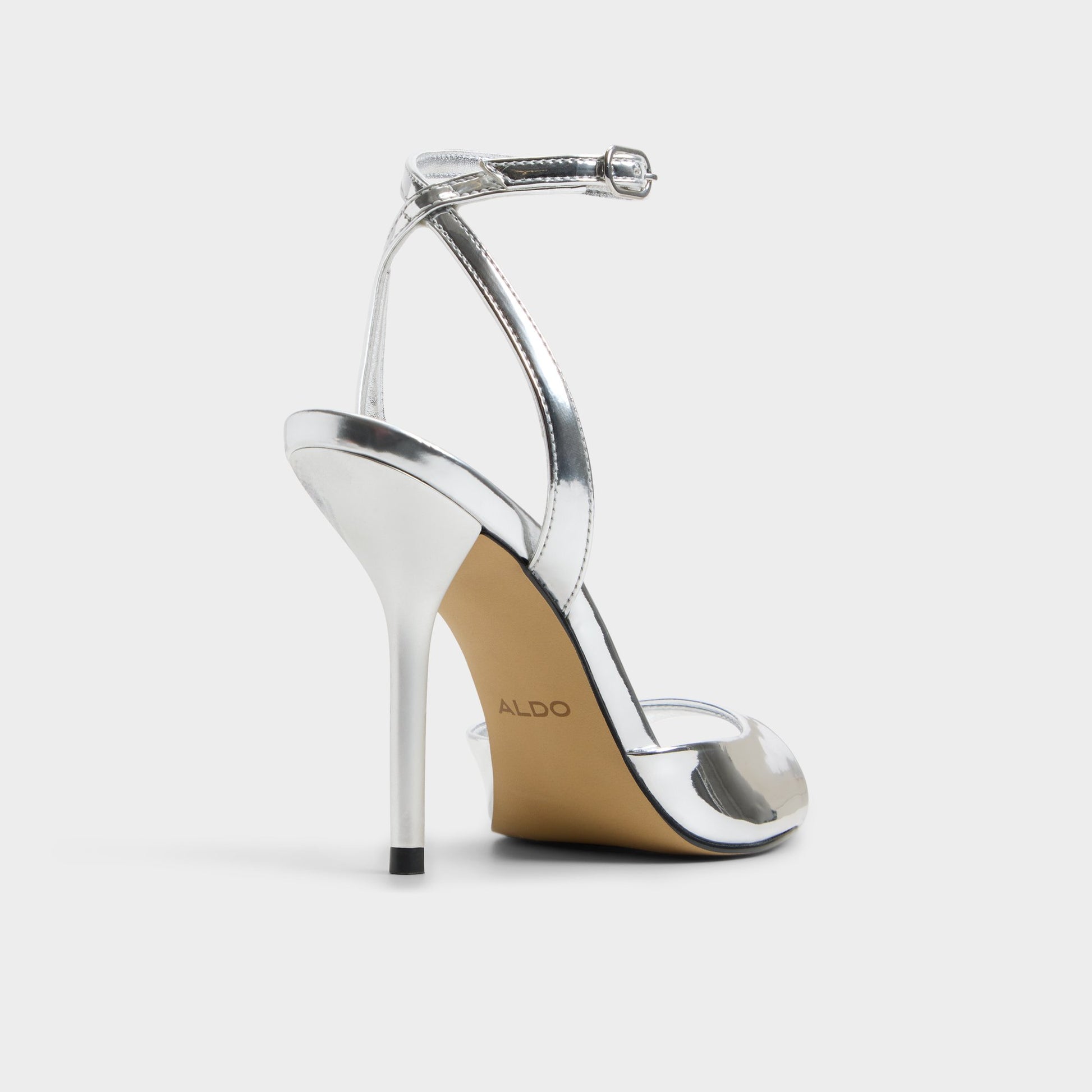 Three-quarter angle of Silver Forevermore Strappy heeled sandal's back side