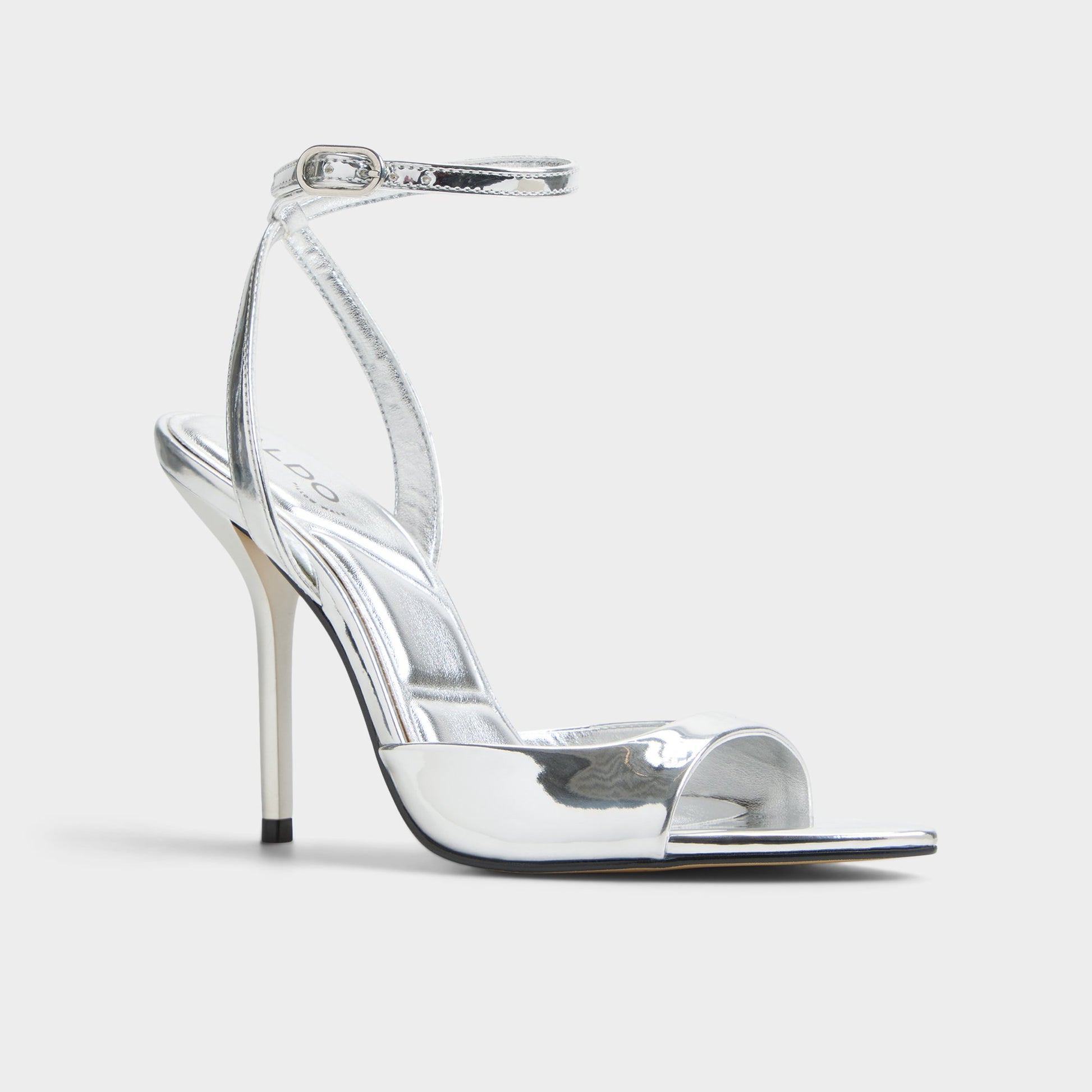 Three-quarter angle of Silver Forevermore Strappy heeled sandal's front side