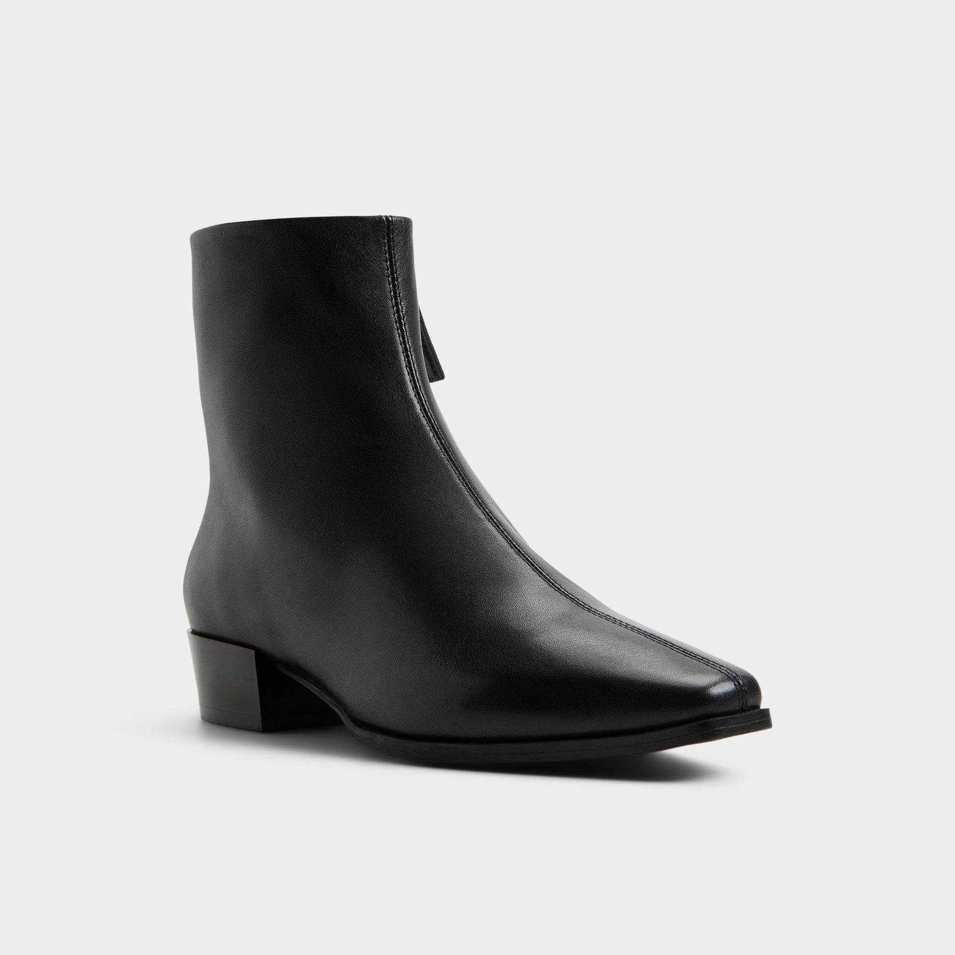 Three-quarter angle of Black Zaylaa Block heel ankle boot's front side