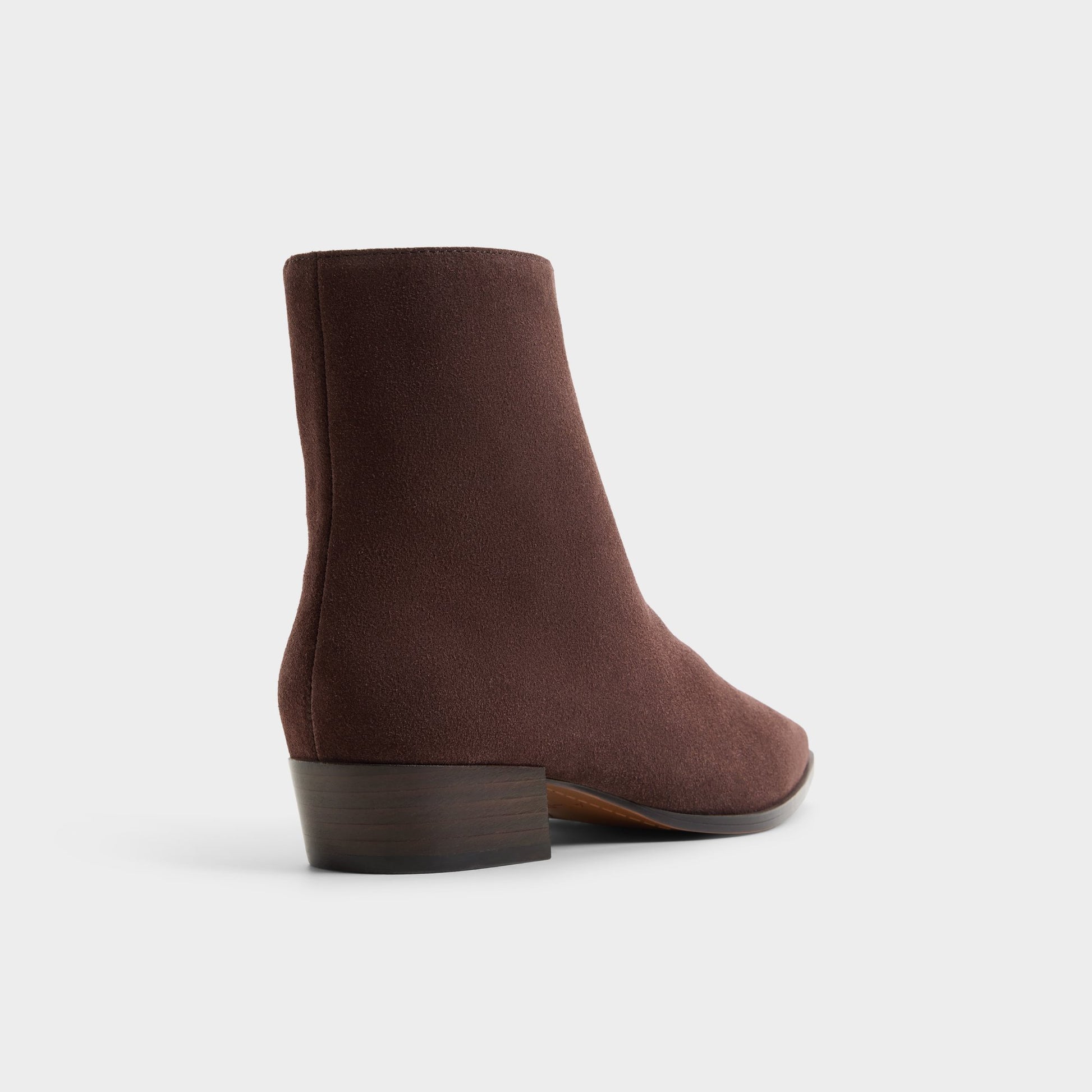 Three-quarter angle of Dark brown Zaylaa Block heel ankle boot's back side