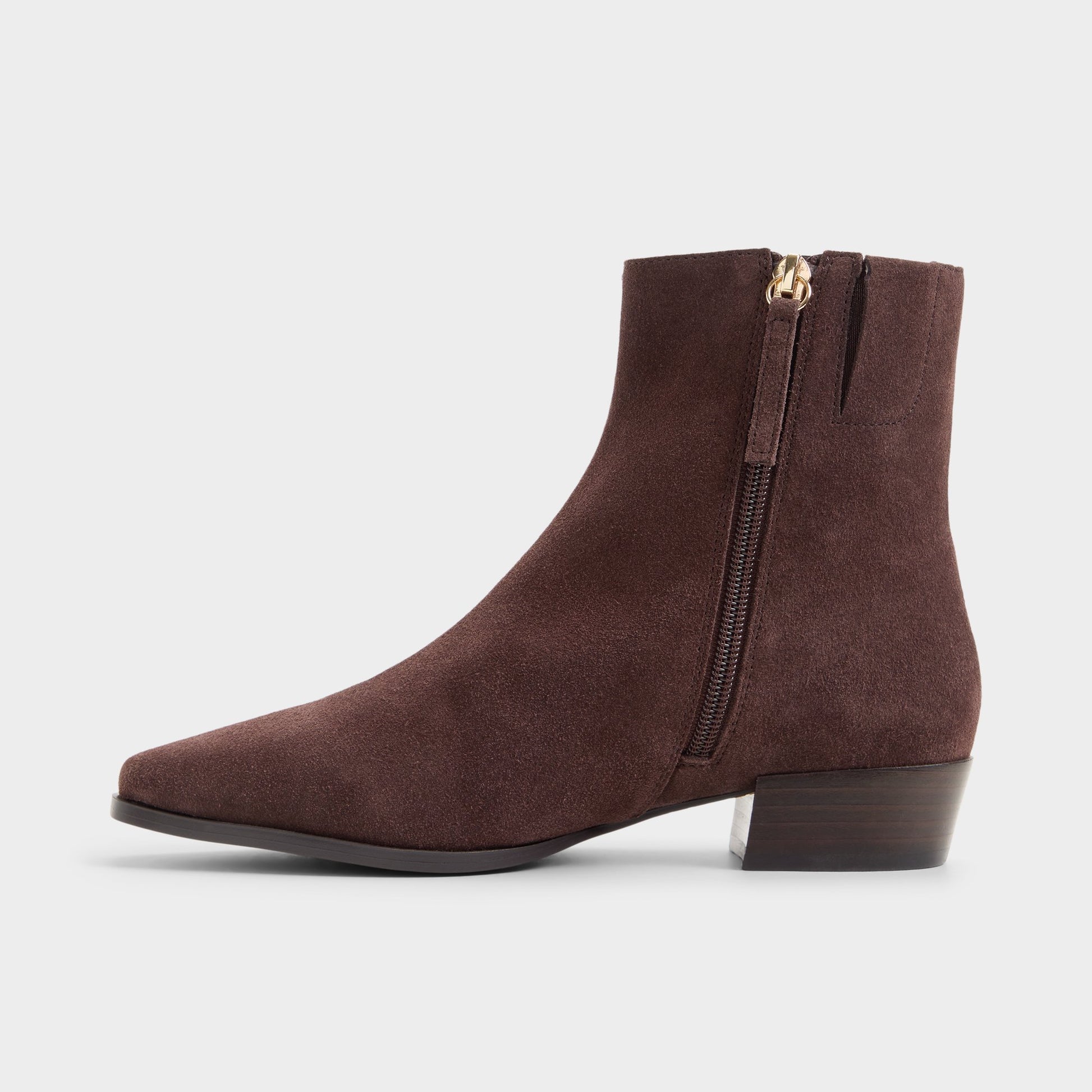 Side view of Dark brown Zaylaa Block heel ankle boot