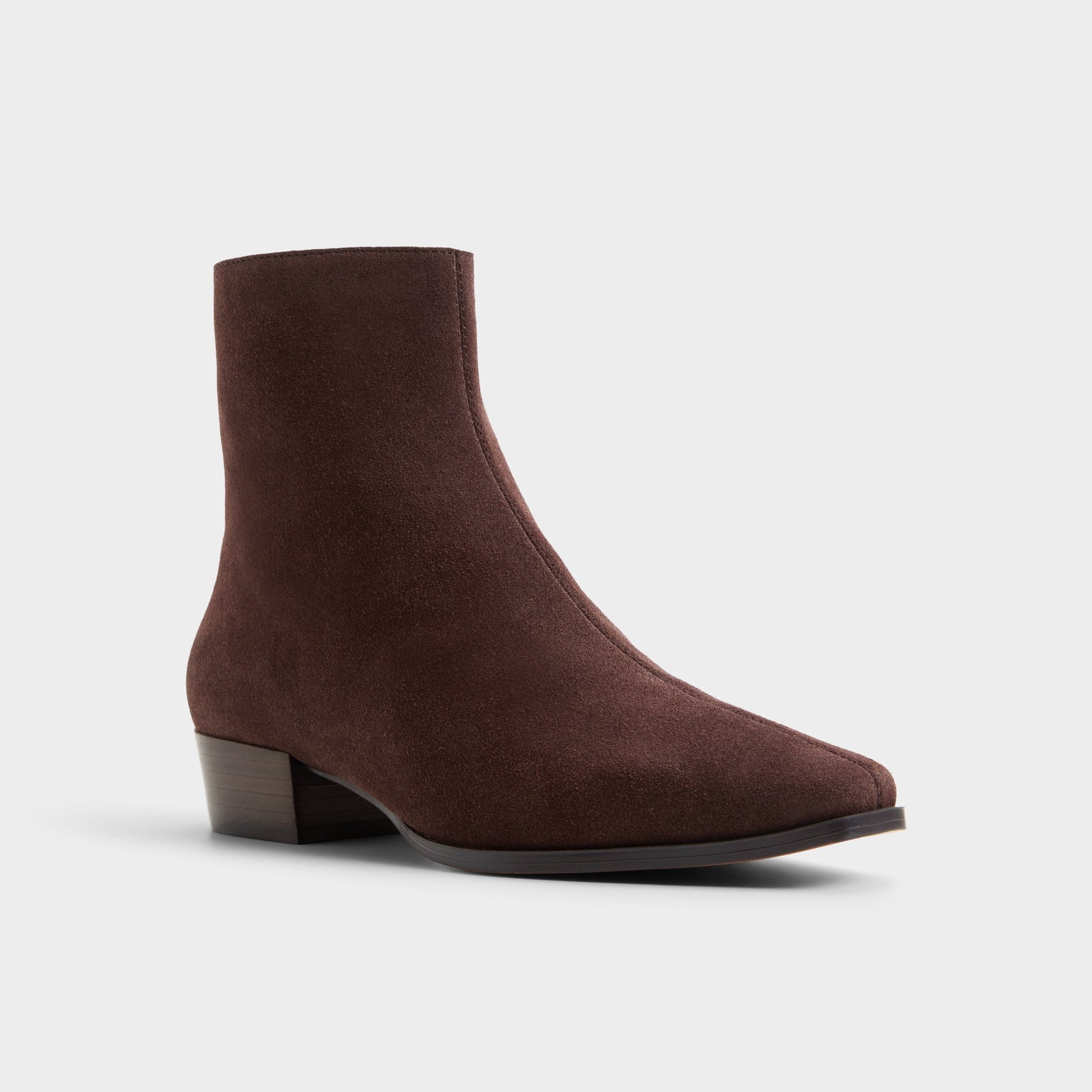 Three-quarter angle of Dark brown Zaylaa Block heel ankle boot's front side