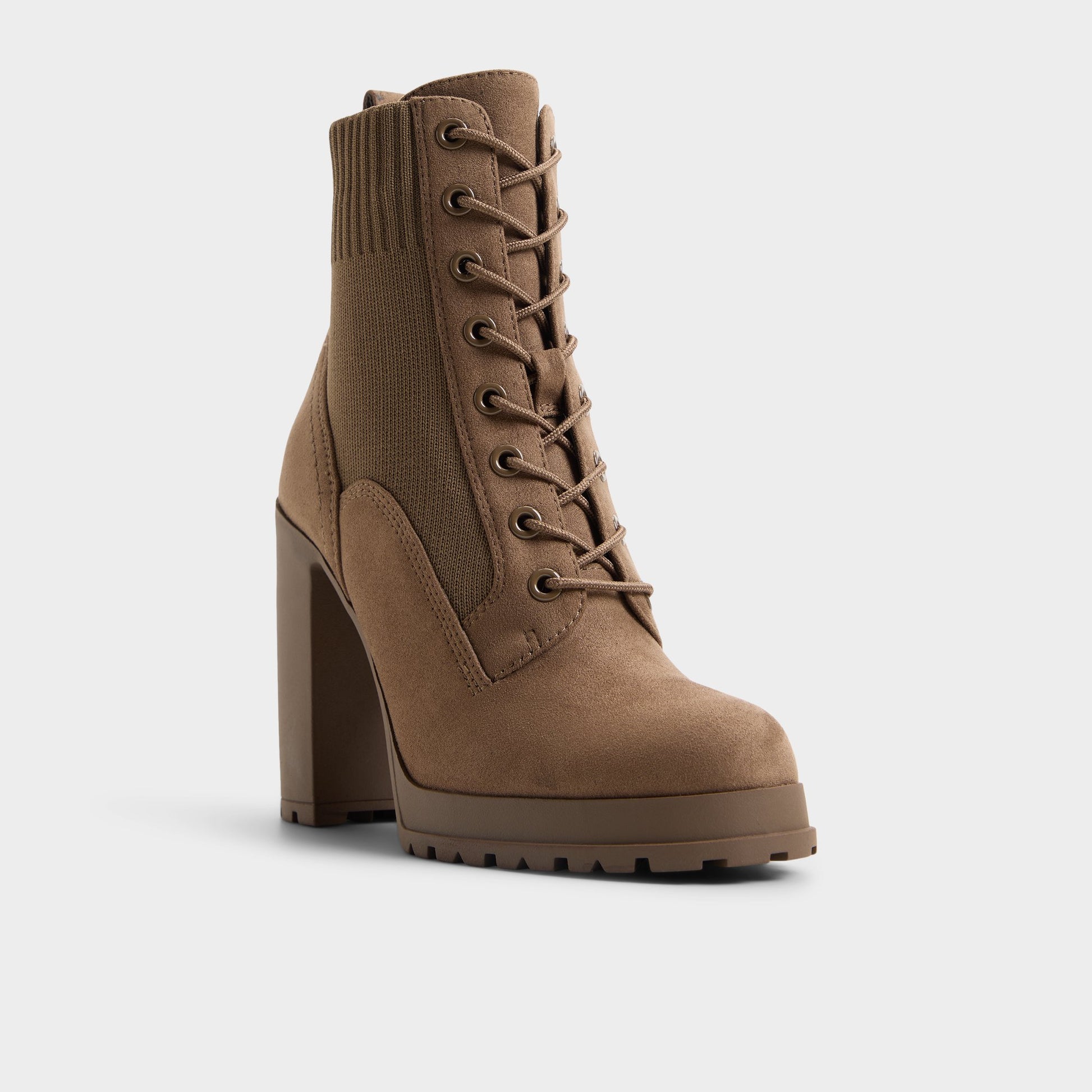 Three-quarter angle of Khaki Rebellious Lug sole combat boot's back side