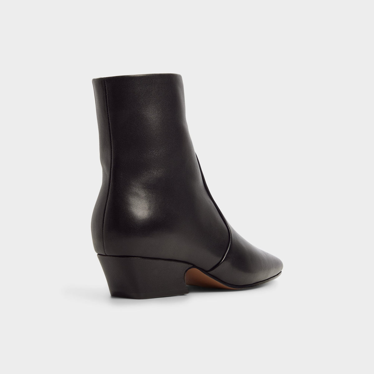 Three-quarter angle of Black Frannie Block heel western boot's back side